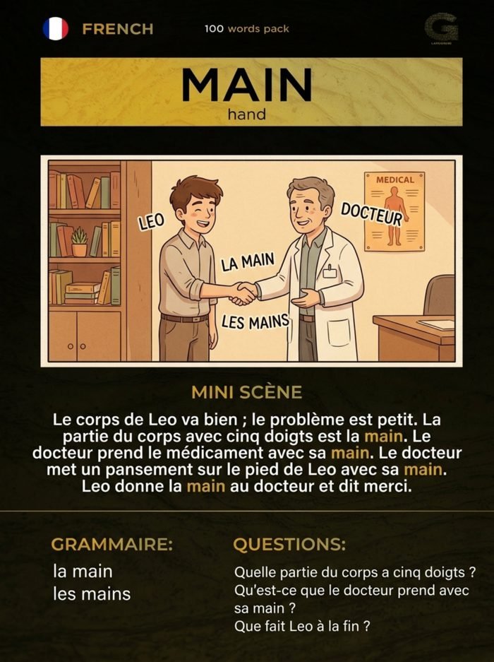 Sample word card from the French 100 Words Pack with illustration and grammar notes