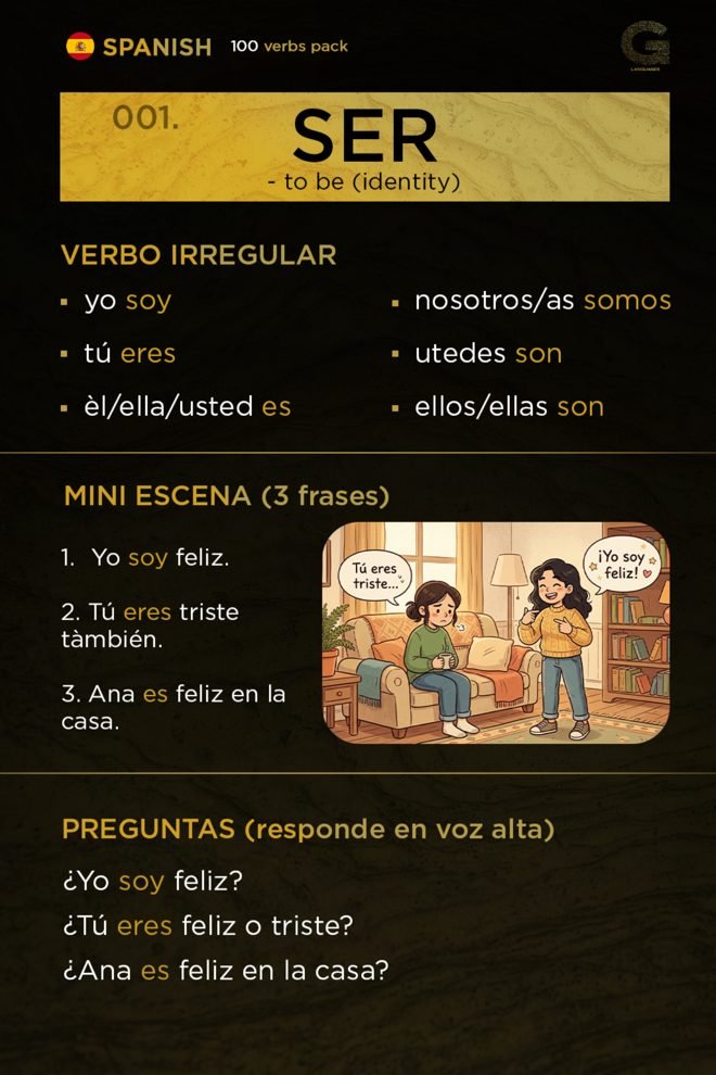 Sample verb card from the 100 Verbs Pack showing conjugation and practice