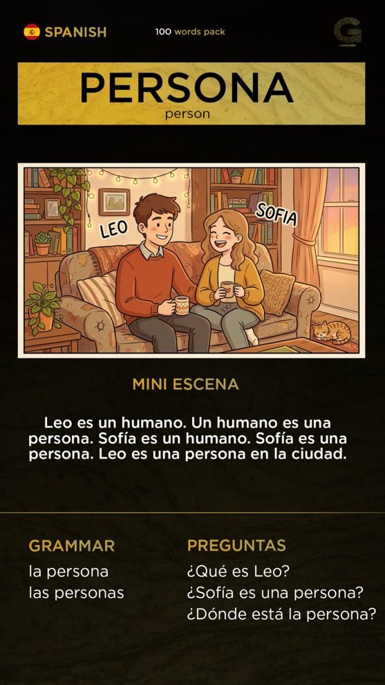 Sample word card from the 100 Words Pack with illustration and grammar notes